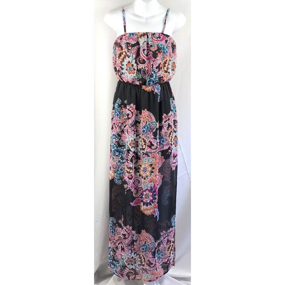 Vtg Express Flowy Chiffon Tank Maxi Dress XS Pink/Blk Floral Blouson Hippie Boho